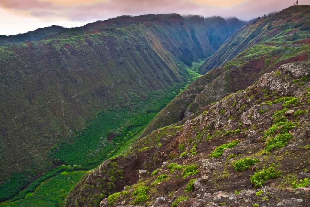 Early Fog On Top of Ko' Olanai Ridge and Maunalei Valley From The Koloiki Ridge Trail, Lanai, Hawaii, USA